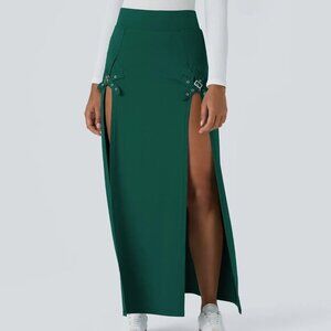 Halara High Waisted Decorative Buckle Split 2-in-1 Maxi‎ Skirt Rain Forest L NWT